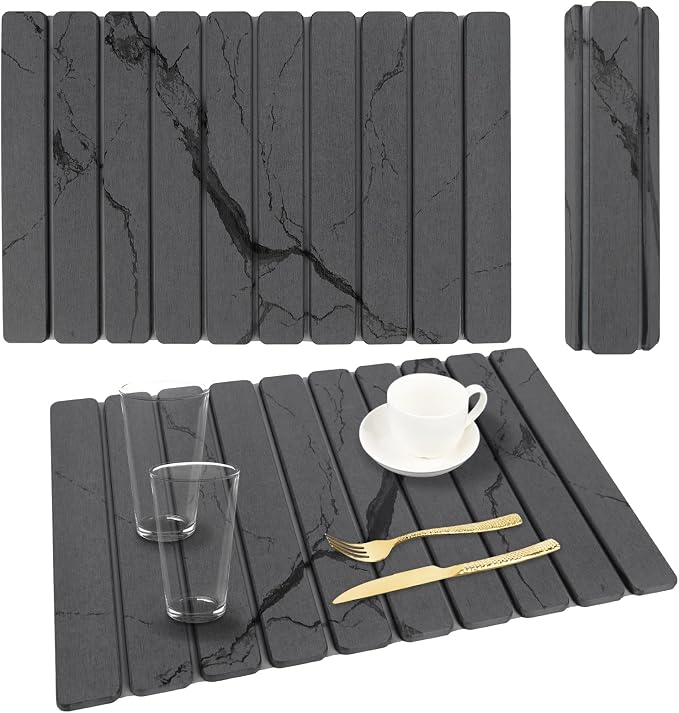 Stone Dish Drying Mat for Kitchen Counter, 24 x 16 Inch(Dark Gray Marble) | Absorbent diatomaceous earth and PVC, folds for compact storage, suitable for dishes, cups, bottles, or a bathroom floor mat by Unknown