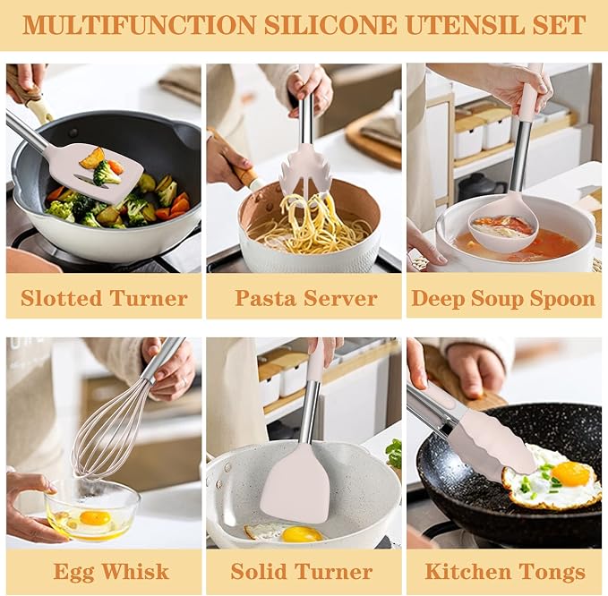 Silicone Cooking Utensil Set, Umite Chef 43 PCS Heat Resistant Kitchen Utensil Gadgets Set-Stainless Steel Handle- Kitchen Spatula Tools for Nonstick Cookware, Pots and Pans Accessories (Khaki) - Image 3