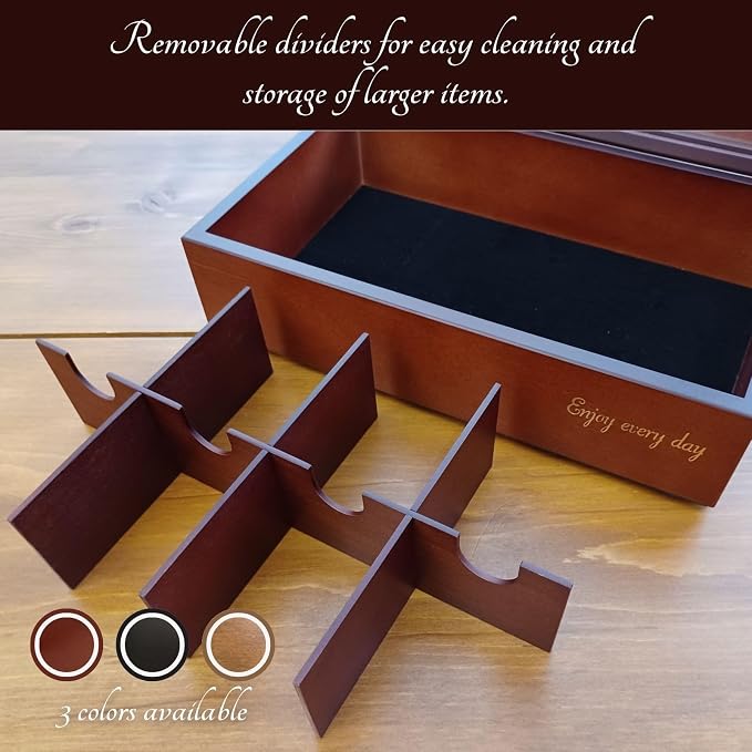 BJOYFUL&LOVED Wooden Tea Box with Glass Lid, 8-Compartment, Black Color | Removable Dividers Customize Storage for Tea Bags, Sugar Packets, Coffee Capsules, Jewelry, Watches and Small Accessories - Image 6