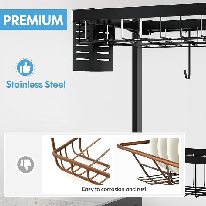 Over The Sink Dish Drying Rack with Utensil and Cup Holder | 2 Tier Stainless Steel,Expandable,Rust Proof Metal,Space Saving,Black Big Capacity Plate Drainer Above Kitchen Counter - Image 4