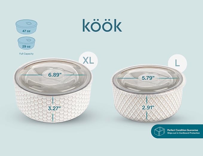 KooK Serving Bowls, with Lids, Ceramic Nesting Bowls, Set of 4, Embossed, Kitchen, Prep, Stackable, Gift, Microwave and Dishwasher Safe, 10/16/29/47 oz, Narbonne Collection (Ivory) - Image 8