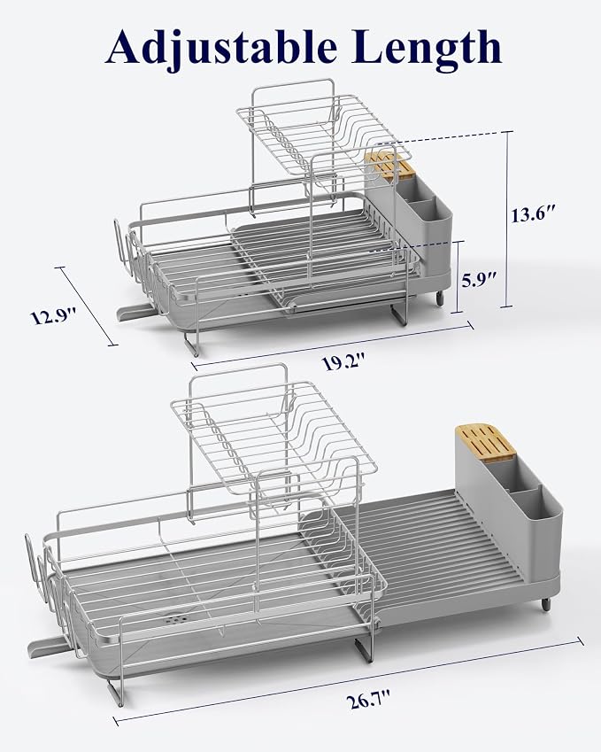 Kitsure Extendable Dish Drying Rack, 19.2"-26.7" L x 12.9" W, 2-Tier | Large Dish Rack, Multifunctional Dish Rack for Kitchen Counter, Anti-Rust Dish Drainers with Cutlery & Cup Holders,Grey - Image 5