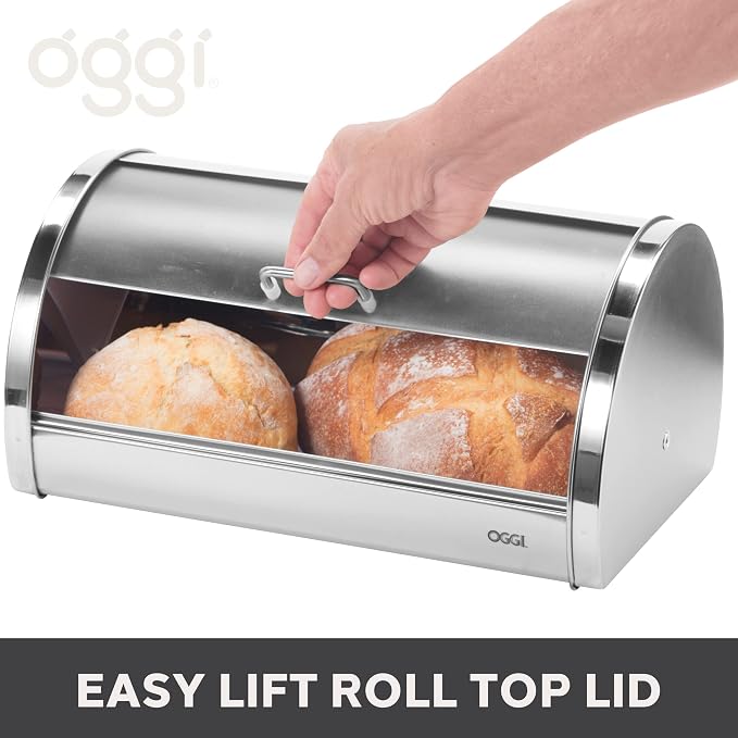 Oggi Stainless Steel Roll Top Bread Box for Kitchen Countertop with Frosted Plexilass Lid - Fits Multiple Loaves of Bread and Other Freshly Baked Goods Including Cookies, Bagels, Muffins - Image 6