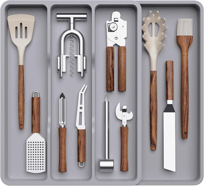 Lifewit Utensil Organizer for Kitchen Drawer, Expandable Cooking Silverware Tray, Adjustable Cutlery Flatware Holder, Plastic Spatula Tools Storage Divider, 17.3 x 15.8", Gray by Lifewit