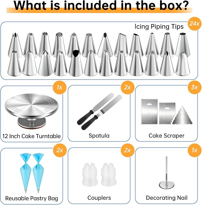 Cake Decorating Kit 35 Pieces - 24 Piping Tips Set with 12 Inch Turntable, Reusable Pastry Bag, Icing Spatula, Scraper, Couplers - Baking Tools for Beginners, Professional Cake Decorating Supplies - Image 4