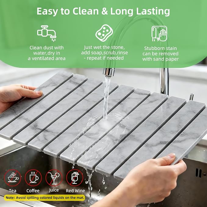Large Stone Dish Drying Mat for Kitchen Counter, 24"×16" Foldable Quick Drying Mat, Absorbent Diatomaceous Earth Drying Mat for Bottles Cups Dishes, Match Any Countertop (Gray Marble, 24" x 16") - Image 4