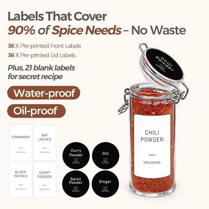 ComSaf Small Glass Spice Jars with Airtight Lids 4 oz 12 Pack with Labels | Seasoning herbs powders, Salt pepper chili, Spice rack cabinet organization, Small size, Funnel included, DIY crafts gifts - Image 4