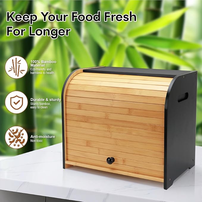 Bread Box for Kitchen Countertop, Two Layer Roll Top Bread Holder | 3 Adjustable Height, Large Capacity, Bamboo Bread Storage Container for Homemade Bread,Breadbox Organizer for Kitchen Counter - Image 6