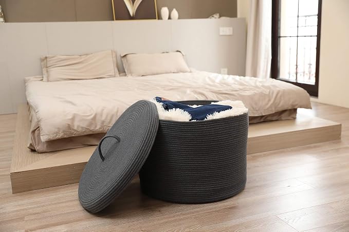 20x15 Inch Extra Large Round Cotton Rope Storage Basket with Lid, Decorative Woven Bin with Cover for Living Room Bedroom Closet, Dark Grey - Image 8