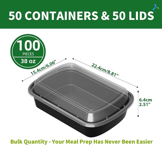38oz Meal Prep Containers, 50 Pack Disposable Food Storage Boxes with Lids | Heavy Duty, Single Compartment, Leakproof Lids, BPA Free, Microwave Freezer Safe, Plastic To Go Bento Boxes for Lunch Takeout - Image 2