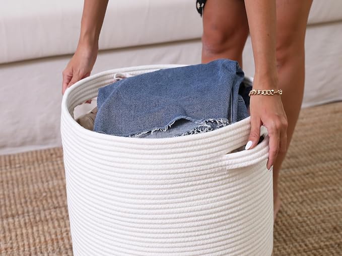 16x18 Inch Extra Large Round Cotton Rope Storage Basket with Lid, Decorative Woven Bin with Cover for Living Room Bedroom Closet, White & Jute - Image 6