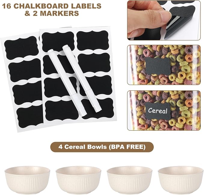 Cereal Dispenser Countertop with Cereal Bowls,16 Labels & Pen, Cereal Containers Storage, Candy Dispenser, Dry Food Dispenser For Pantry - Not Easy to Crush Food (White, 2 Pack) - Image 6