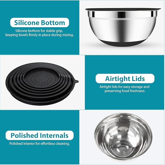 20-Piece Mixing Bowls Set with Airtight Lids – 6 Stainless Steel Kitchen Bowls (4.5QT, 4QT, 3.5QT, 2.1QT, 1.5QT, 1.1QT), 3 Grater Attachments, Non-Slip Silicone Bottoms, Perfect for Baking & Serving - Image 3