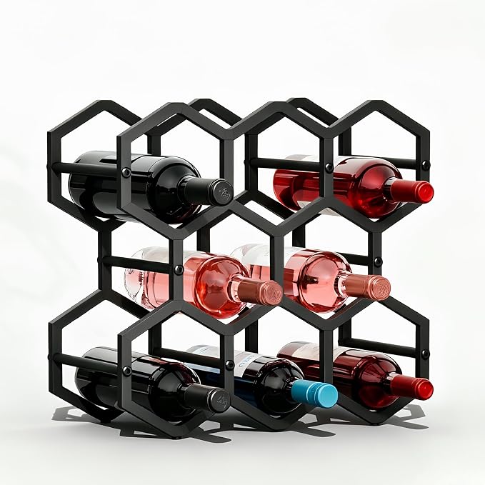 3-Tier Hexagon Metal Countertop Wine Rack, 8 Bottles Tabletop Wine Bottle Holder Stand for Cabinet Pantry, Indoor Outdoor Home Bar Storage Organizer by HRUSGO