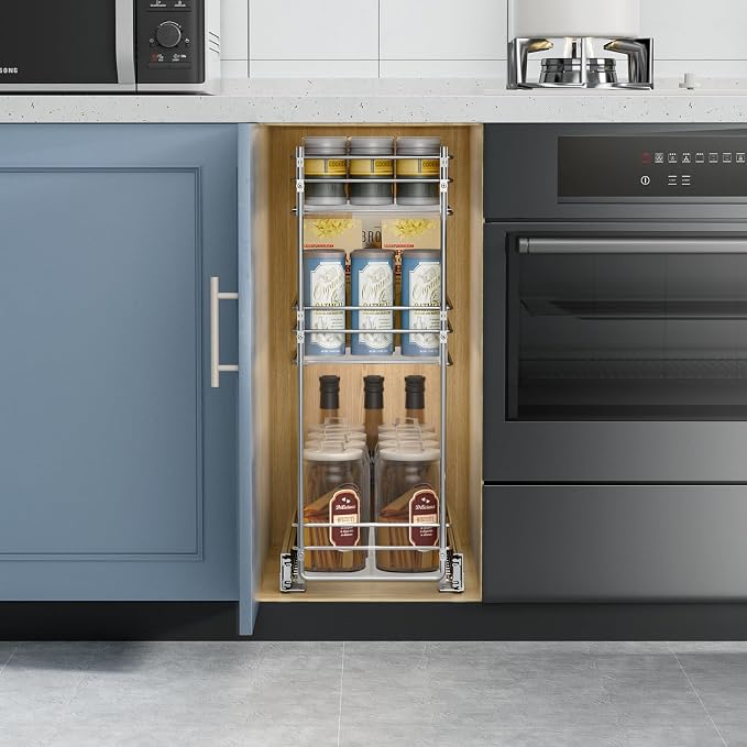 ROOMTEC Pull Out Spice Rack for Narrow Cabinet (7" W X 20½" D),3 Tier Heavy Duty Sliding Spice Cabinet Organization Shelf Racks, Pull Out Shelves Under Cabinet Storage for Kitchen - Image 6