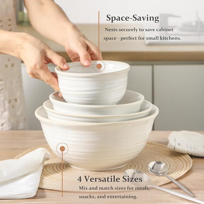 Hasense Ceramic Mixing Bowls, 2.1/1.5/1.0/0.5 Qt, Nesting Bowls for Cooking, Baking, Serving Dishes for Salad, Fruits, Popcorn, Dishwasher & Microwave Safe, Set of 4, Clay-Infused White - Image 5