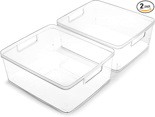 BINO | Plastic Storage Bins, Medium - 2 Pack | THE LUCID COLLECTION | Multi-Use Built-In Handles | BPA-Free | Clear Storage Containers | Fridge Organizer | Pantry & Home Organization by BINO