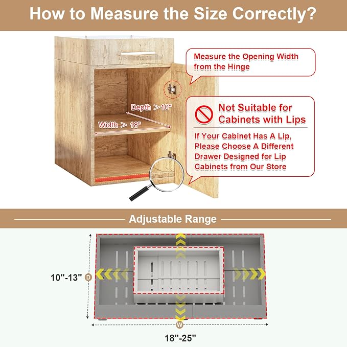 Fokyfok Pull out Cabinet Organizer,18"-25"W,10"-13"D,Expandable,Adhesive | No Drill,Upper Cabinet,Adjustable Slide out Drawers for Pantry,Roll out Shelves Short,Framless Cabinets,Kitchen,White,1PC - Image 2