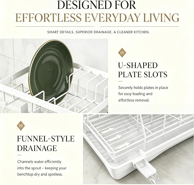 Dish Drying Rack for Kitchen Counter, 2 Tier Stainless Steel ​Sinkside Dish Racks with Drainboard Set, Stainless Steel Rustproof Dish Drainer with Drainboard, Kitchen Removable Cutlery Holder, White - Image 5