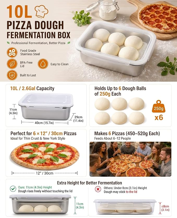 2 Pack Pizza Dough Tray, 10L Stainless Steel Pizza Dough Proofing Container with Clear Airtight Lid, Stackable Fermentation Storage for Dough Balls & Bread, Includes Cutter - Image 2