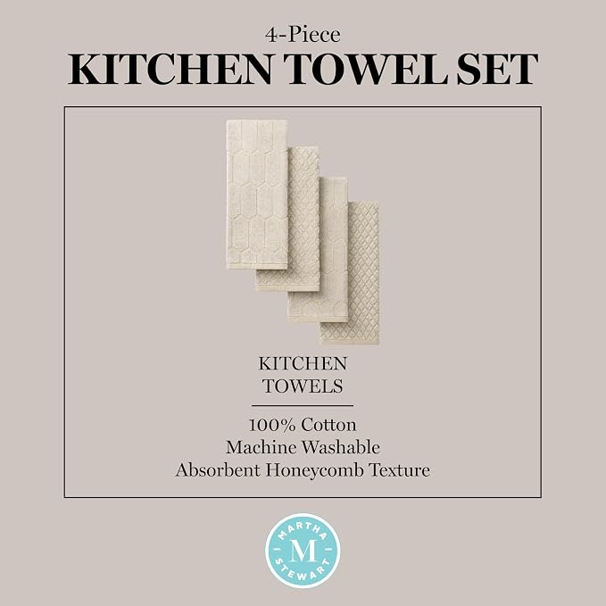 Martha Stewart Honeycomb Chambray Textured Kitchen Towel 4-Pack Set, 100% Cotton with Absorbent Terrycloth, Decorative Kitchen Towels, Natural, 16"x28" - Image 5