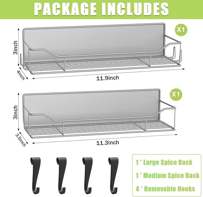 Magnetic Spice Rack for Refrigerator, 2 Pack Strong Magnet Spice Organizer Shelves with Hooks, Magnetic Fridge Shelf for Kitchen Organization and Storage, Seasoning Organizer Gadgets (Grey) - Image 2