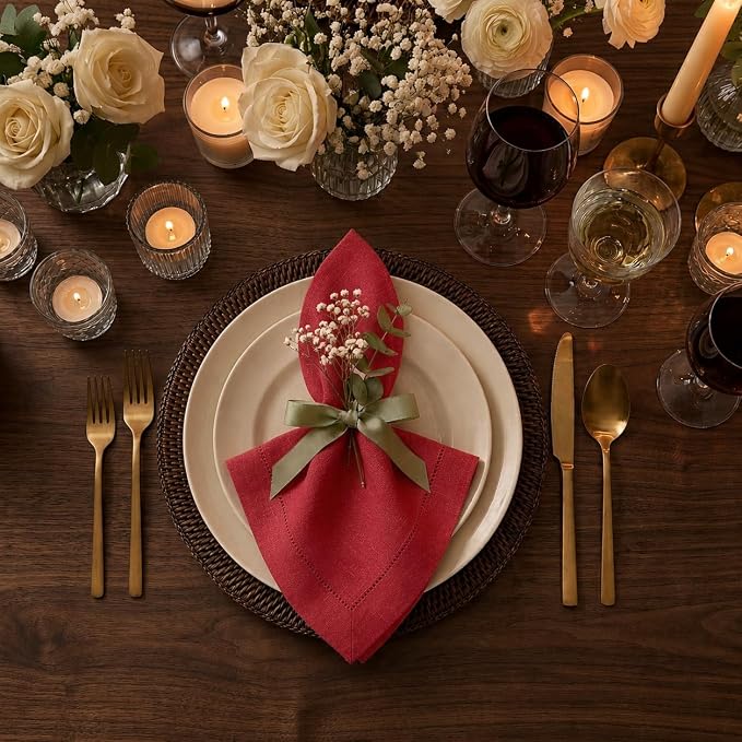 Signature Linen™ by D'Moksha Racing Red Dinner Napkins Set of 4, 20 x 20 Inch Cloth Napkins, 100% Pure Linen, Hemstitch, Machine Washable Table Napkins- Summer, Weddings, Outdoor hostings - Image 2