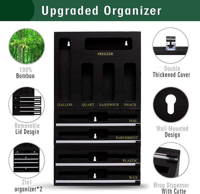 9 In 1 Storage Bag Organizer And Plastic Wrap Dispenser With Cutter, Bamboo Foil and Plastic Wrap Organizer - Image 2
