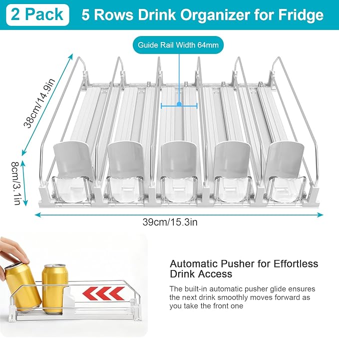 2 Pack Drink Organizer for Fridge, Self Pushing Fridge Drink Organizer | Self Pushing Soda Dispenser for Refrigerator, Automatic Drink Dispenser for Fridge, Holds up to 50 Cans (10 Rows) - Image 2