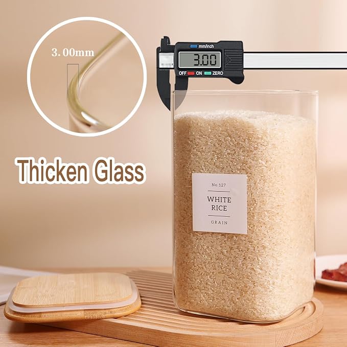 CZZGSM 2 Pack Square Glass Flour and Sugar Containers with 132 Kitchen Pantry Labels - Thicken 149 FL OZ Large Glass Storage Jars with Airtight Bamboo Lid - Big Food Canisters for Rice, Pasta, Cookie - Image 4