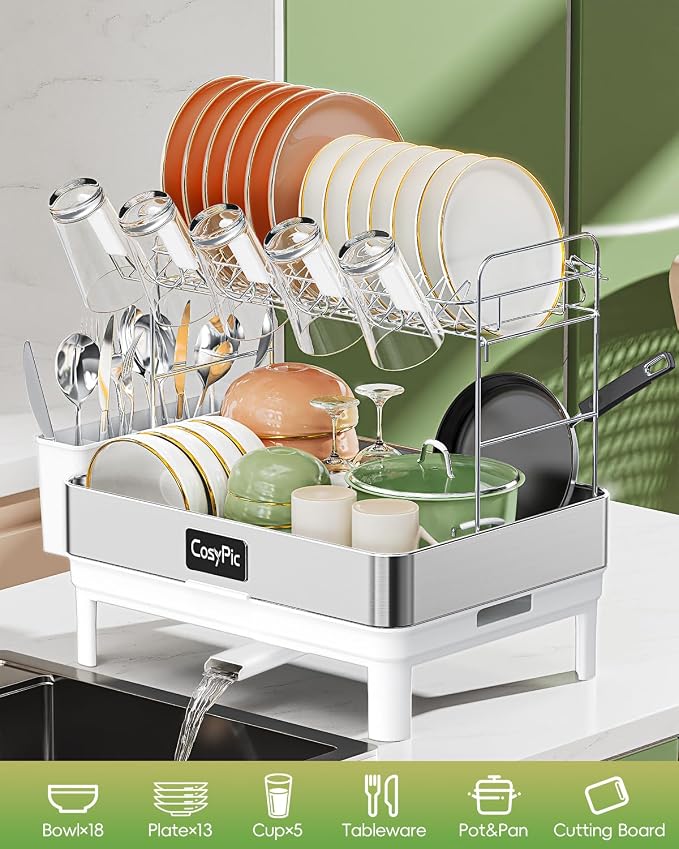 2 Tier Dish Drying Rack, Thicker Premium 304 Stainless Steel Dish Racks for Kitchen Counter, Automatic Drainage Spout, Dish Drainer & Drainboard Set with Utensil Holder and Cup Holder, White - Image 7