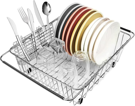Sink Dish Drainer Rack, Expandable 304 Stainless Steel Drying Rack | Large Capacity Sink Dish Rack with Utensil Holder, Adjustable 15.35"-20.47", Fits Inside Sink, Holds Up to 13 Utensils by BTLATHA