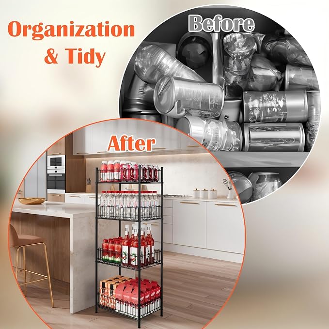 Vrisa Water Bottle Organizer 4 Tiers Free Standing Water Bottle Holder Beverage Soda Can Drink Holder Stand Can Organizer Storage Rack for Pantry Kitchen Food Storage, Black - Image 7