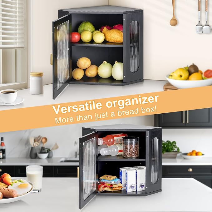 Sunhoo Bread Box for Kitchen Countertop Corner Bread Storage Wooden Breadbox Container 2 Layer Bread Holder Keeper Large Farmhouse Bread Bin Shelf for Homemade Pantry Vintage Acrylic Window(Black) - Image 6
