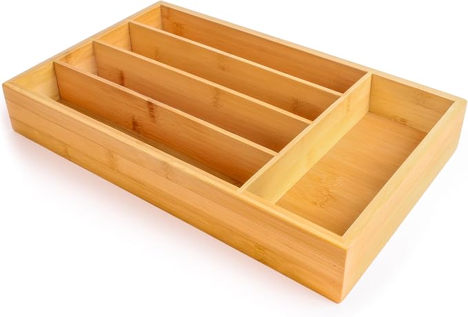 BergHOFF Bamboo Flatware Organizer 5-slot, 13.5" x 8.25", Natural, Fit in any size of drawer, great for spoons, forks, knives, scissors, peelers, chef tools | Skinny Silverware Organizer for Narrow Kitchen Drawers, 5 Compartment Cutlery Tray & Utensil ... - Image 4