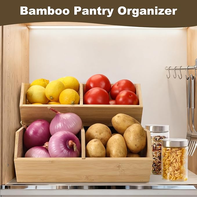 Bamboo Pantry Organizers and Storage Bins, 2 Set Stackable Baskets for Vegetables, Potatoes, Onion, Garlic, Bread - Bamboo Kitchen Containers for Pantry Drawer, Counter, Cabinet - Image 4