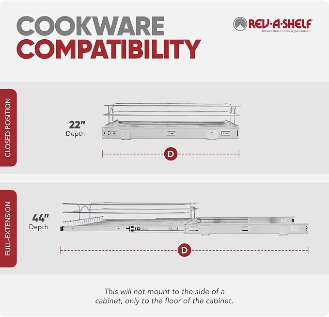 Rev-A-Shelf Steel Wire Pullout Drawer Organizer Shelf for Kitchen Cabinets, Slide Out Storage Basket, Min Opening Width of 20.5", 21" x 22", 5WB1-2122CR-1 - Image 9