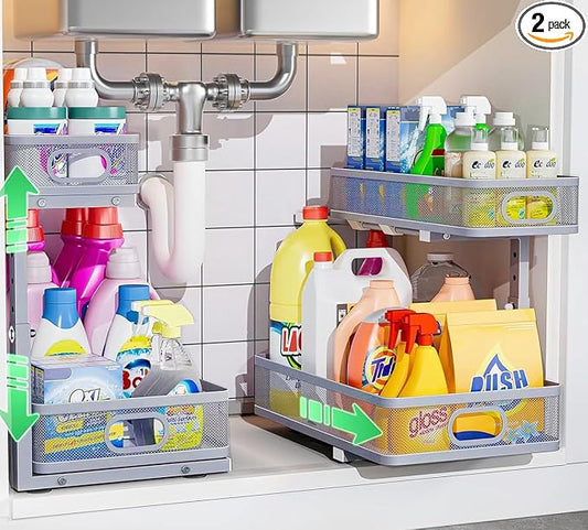 Under Sink Organizer 2 Pack, High Adjustable 2 Tier Under Sink Organizers and Storage, Slide out Metal Cabinet Organizers, Pull out Storage Drawer Shelf for Kitchen Bathroom Cabinet (Gray) by Dolesman