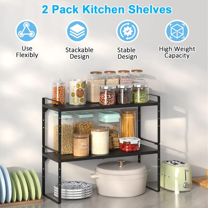 15.5 to 25.5 Inch Expandable Kitchen Cabinet Organizer Shelf, 2 Pack 30 LBS Heavy Duty Adjustable Kitchen Counter Storage Shelves Organizers,Stackable Small Storage Shelf Rack For Cabinet Cupboard - Image 3