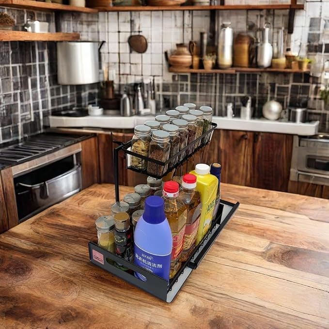 Metal Body Under Sink Pull Out Organizer Shelf Rack | 2-Tier Slide-Out Storage Rack | Space-Saving Organizer for Kitchen & Bathroom | Heavy-Duty & Rust-Resistant - Image 4