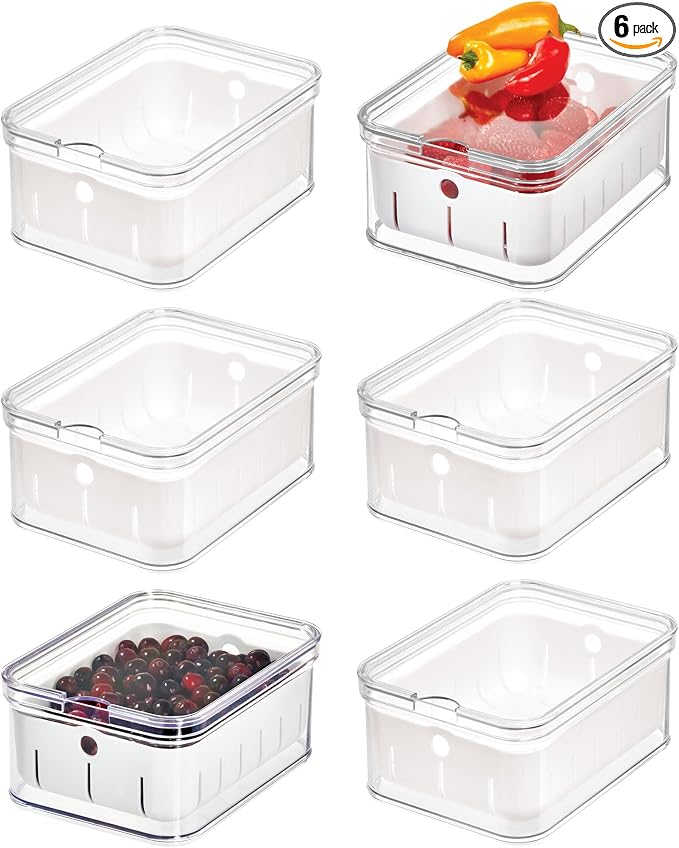 iDesign Small Fridge Berry Bin with Removable Colander Basket and Lid - Set of 6 - Clear/White by iDesign