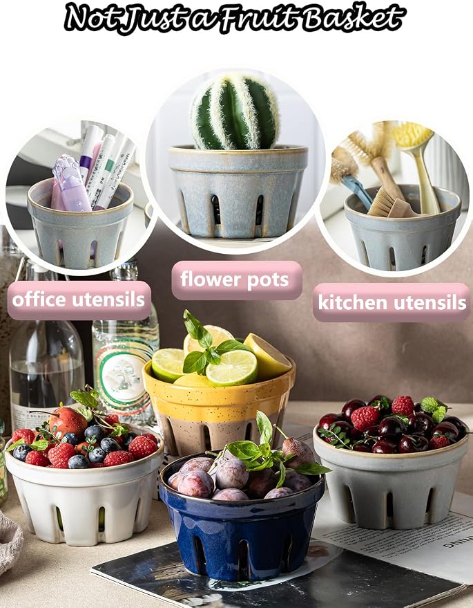 Gomakren Ceramic Berry Bowl Set of 2, Fruit Containers for Fridge, Gray | Drain Holes Keep Berries Fresh, Stackable, Wash & Serve | 5.8In Round Strawberry Grape Cherry Basket, Farmhouse Kitchen Decor - Image 8