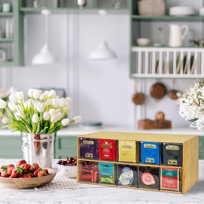 TIMIEEYA Tea Bag Organizer - Bamboo Tea Storage Organizer With Drawer 2 Layer, Tea Organizer for Tea Bags Natural Wood & Acrylic for Countertop Office Kitchen Cabinet Pantry - Image 6