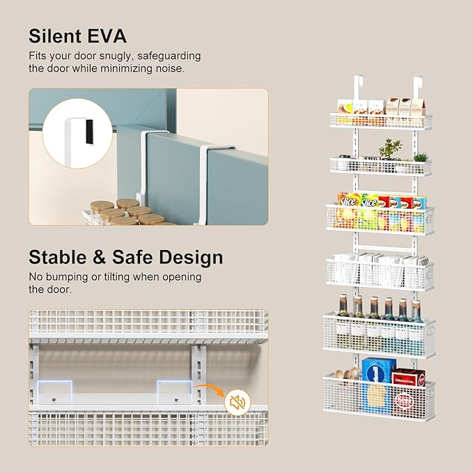 6-Tier Over The Door Pantry Organizer,Hanging Spice Rack,Grid Basket,White | Height Adjustable,Easy Grip Handle,Large Capacity,For Pantry Door,Laundry Room,Bathroom,Kitchen,D5.3xW15.7xH60.9in - Image 4