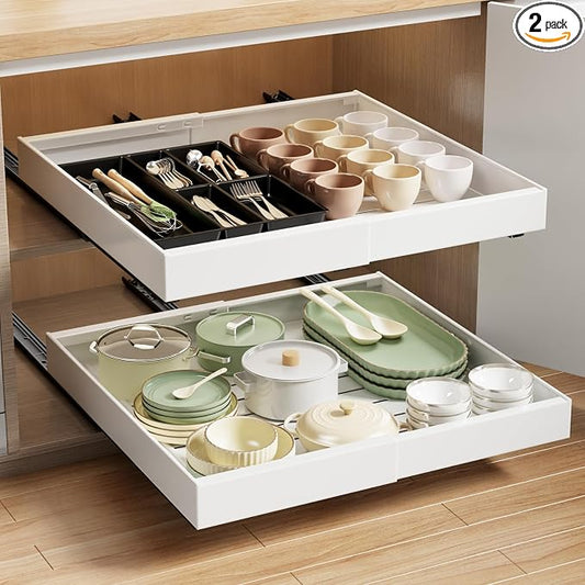 MUSTORN 2 Pack Pull Out Cabinet Organizer Expandable, 21"Deep Slide Out Drawer for Cabinets Adhesive Pull Out Drawers Heavy Duty Pull Out Shelves for Kitchen, Cupboard, Pantry, Bathroom(White) by MUSTORN