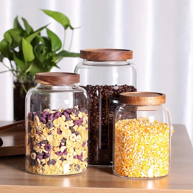 Glass Storage Jars with Airtight Lids, Set of 2 42 FL OZ (1250ml) coffee container with Wooden Lid, Glass Pantry Canister for Beans, Rice, Sugar and etc (6.3 inch high) - Image 5