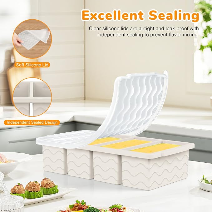 Silicone Freezer Trays with Lid (4-Pack), 1-Cup, 2-Cup, 1/2-Cup & 2-Tbsp Silicone Freezer Molds, Stackable Soup Freezer Meal Prep Containers,Ice Cube Tray for Making Sauce,Smoothies,Yogurt Bites - Image 7