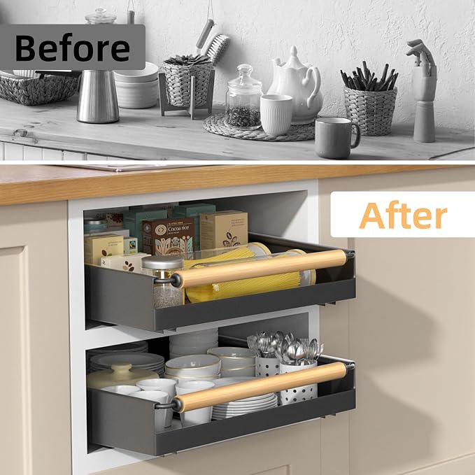 2 Pack 15.3'' Deep Expandable Slide Out Cabinet Shelf No-Drill Pull Out Drawer with Nano Film Adhesive, Heavy Duty Pull Out Tray for Kitchen, Pantry & Bathroom, Black - Image 7
