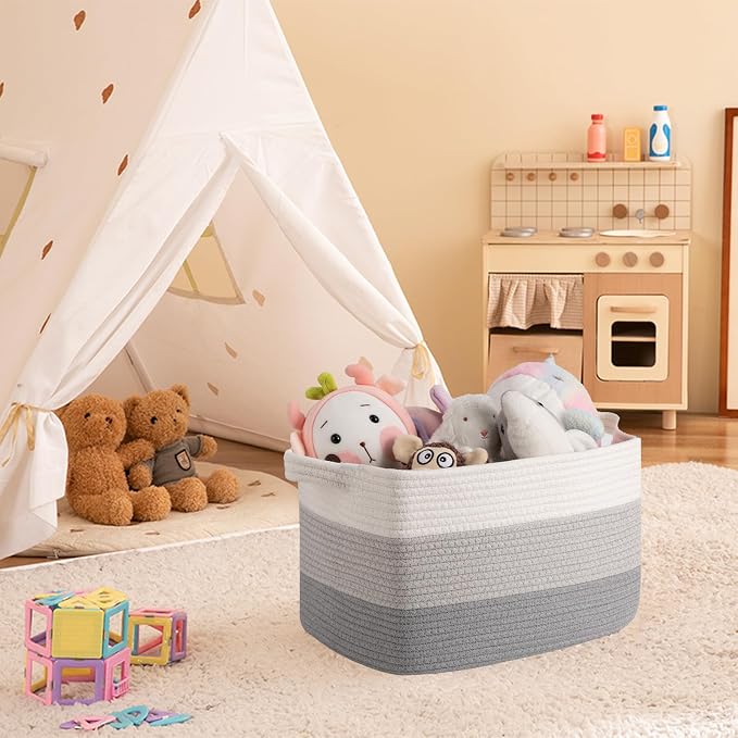 OIAHOMY Woven Storage Basket, Cotton Rope Baskets for Toys,Towel, Clothes, Used to Bathroom,Living Room,Nursery,Bedroom, 16"x12"x10"- Pack of 3, Gradient Gray - Image 2