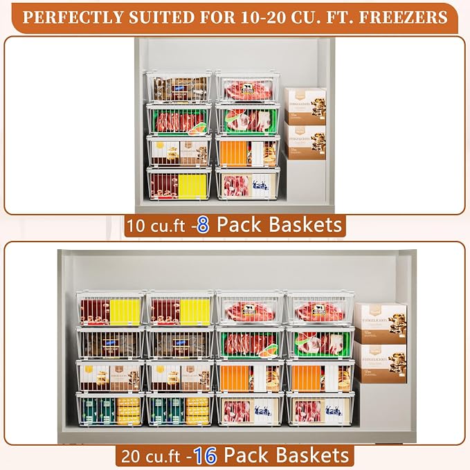 Large Freezer Organizer Bins for 10 to 20 Cu.Ft,2 Pack , Leak-Proof Bottom | ANJUBANFreezer Organizer Bins, Stackable,expandable,foldable,With handle Wire Storage Container Baskets for Sort Frozen Meats - Image 4